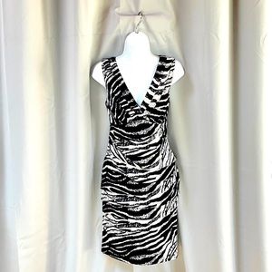 Connected Apparel jersey knit ruched zebra print v-neck  dress